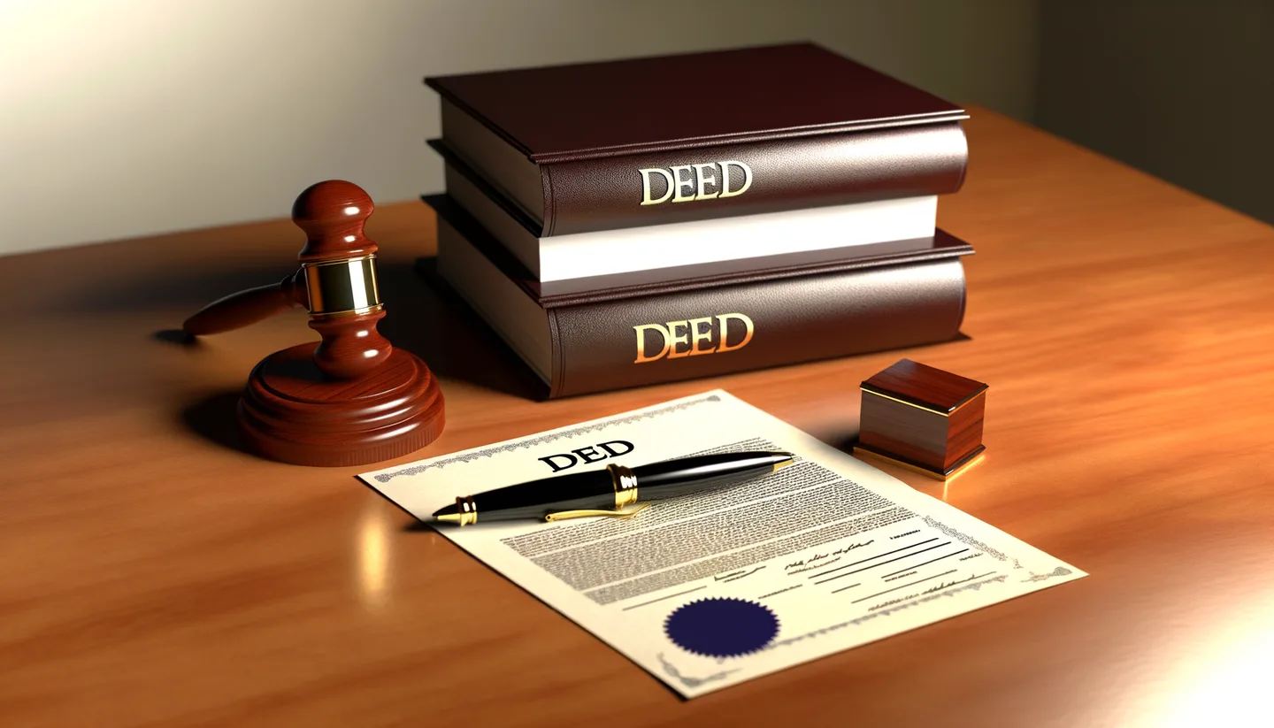 Legal land deed with notary stamp and fountain pen on desk