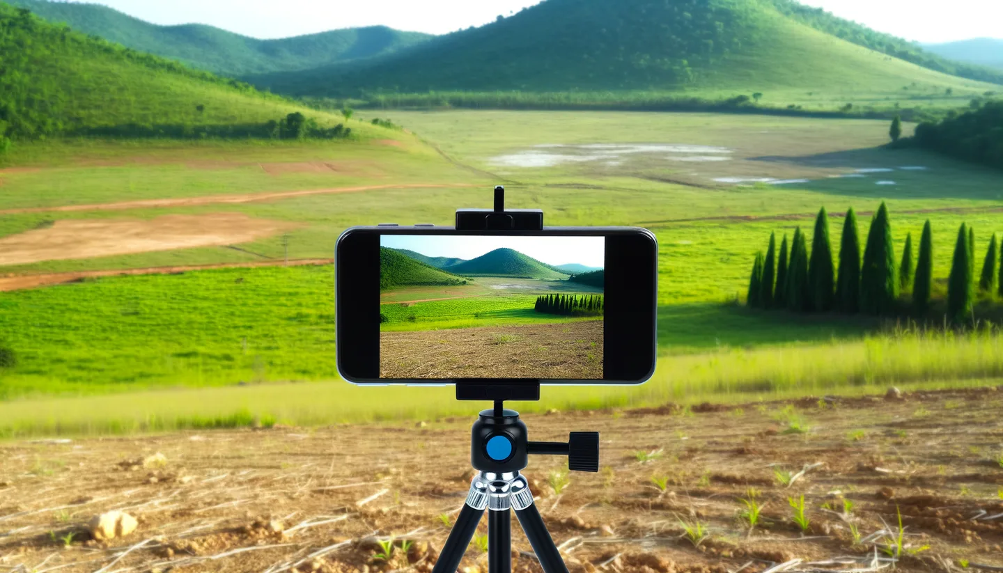 Smartphone on tripod photographing a vacant land parcel