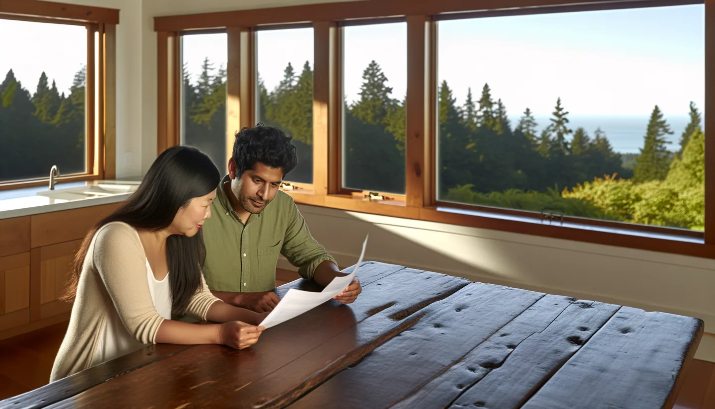 Two people reviewing land sale documents without a realtor