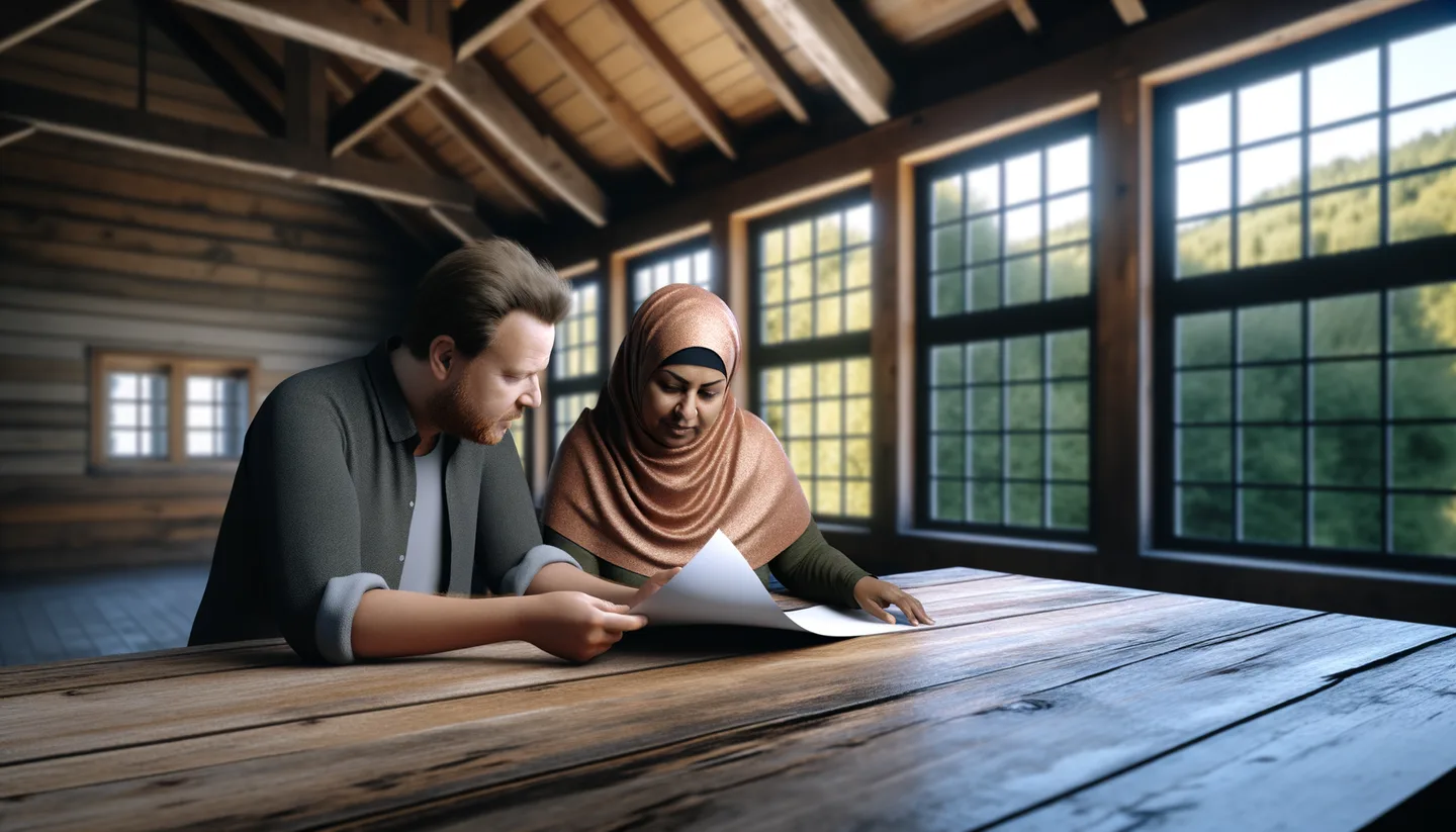 Two people reviewing land sale documents without a realtor