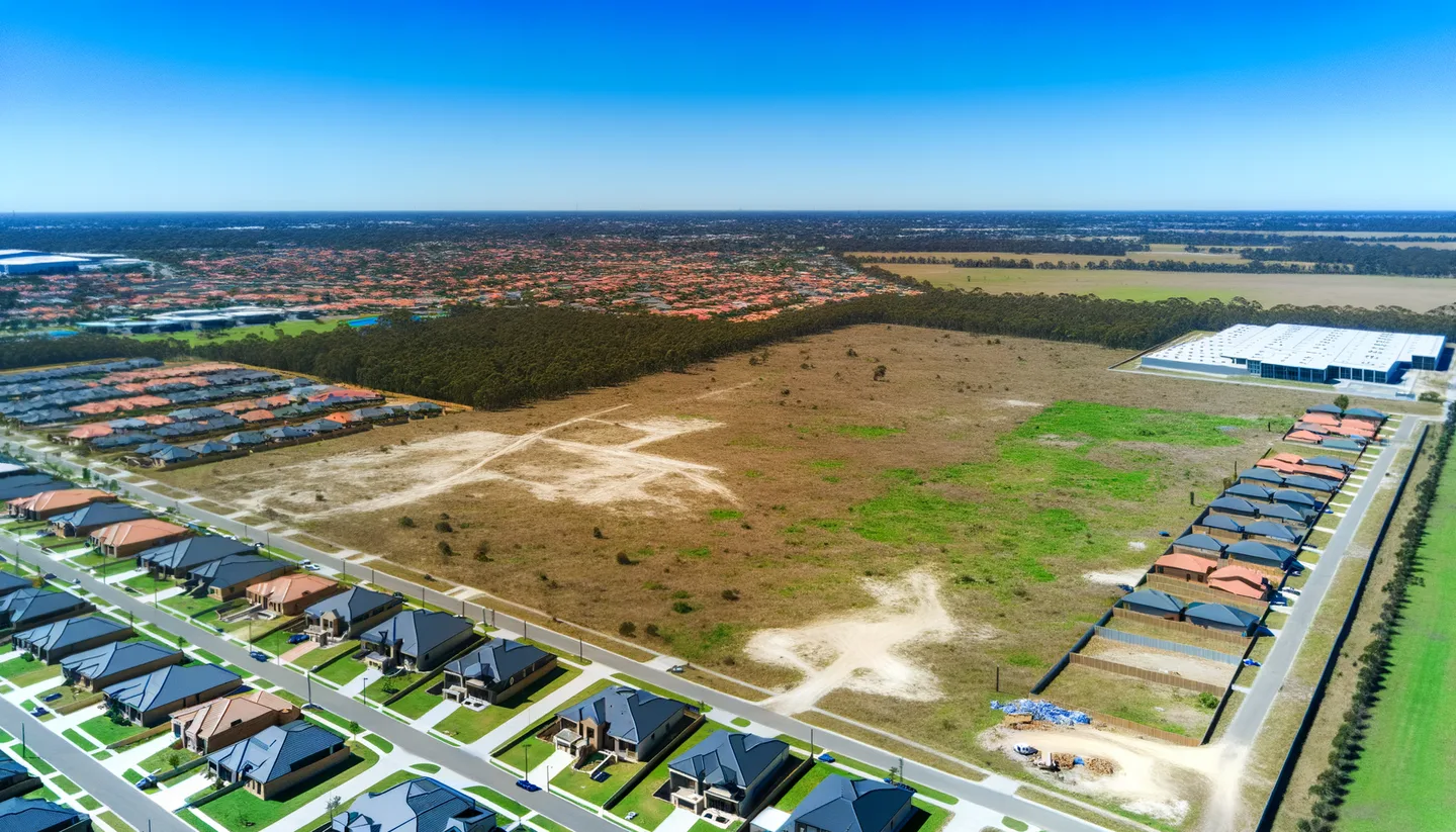 Aerial view of undeveloped land next to new construction