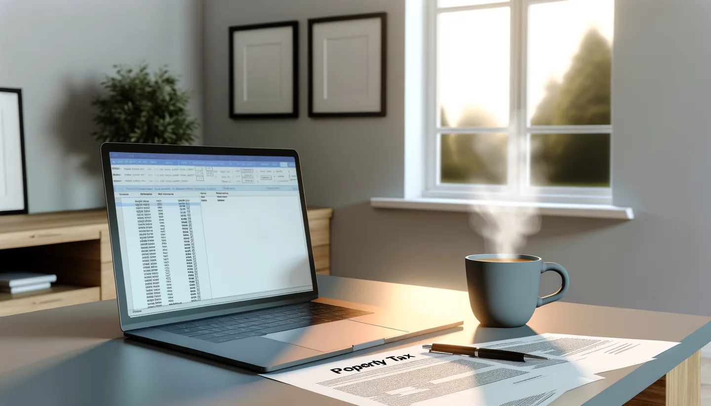 Property tax documents and laptop on a desk
