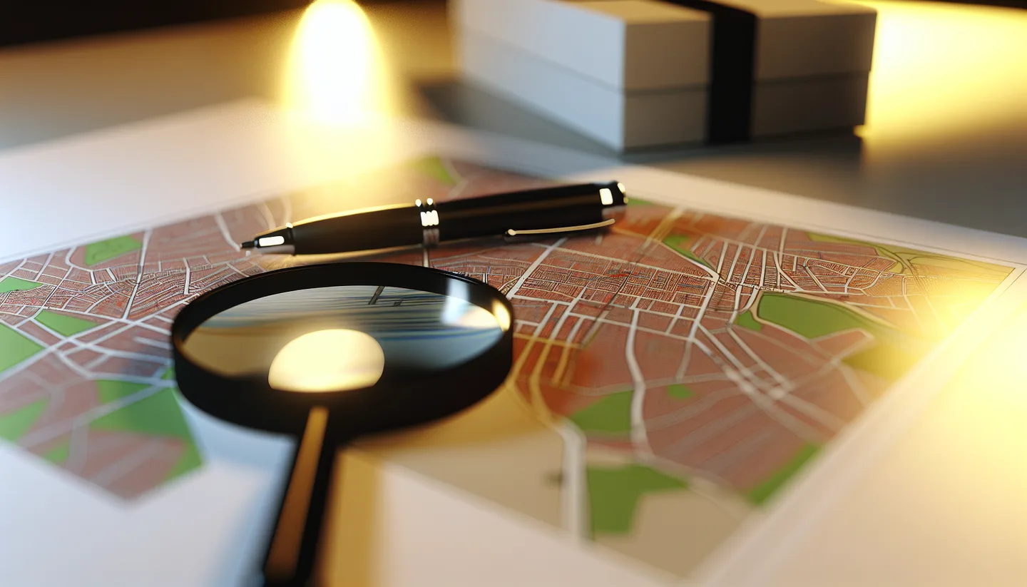 Property survey map and magnifying glass on a table