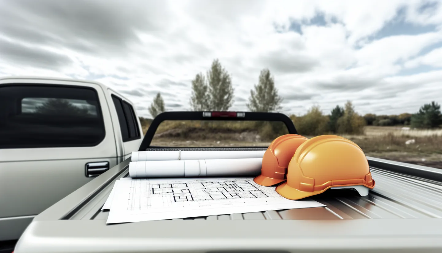 Blueprints and hard hat on a truck hood at a construction site