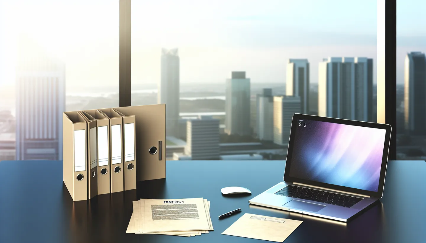 Professional office with property documents and city view