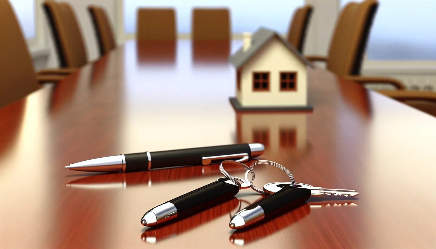 Property closing table with signed documents and keys from above