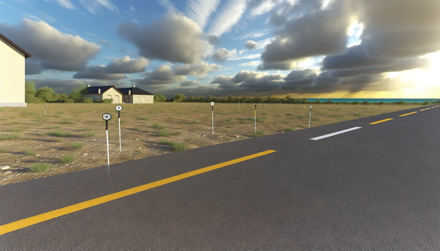 Rural property with survey stakes along a county road
