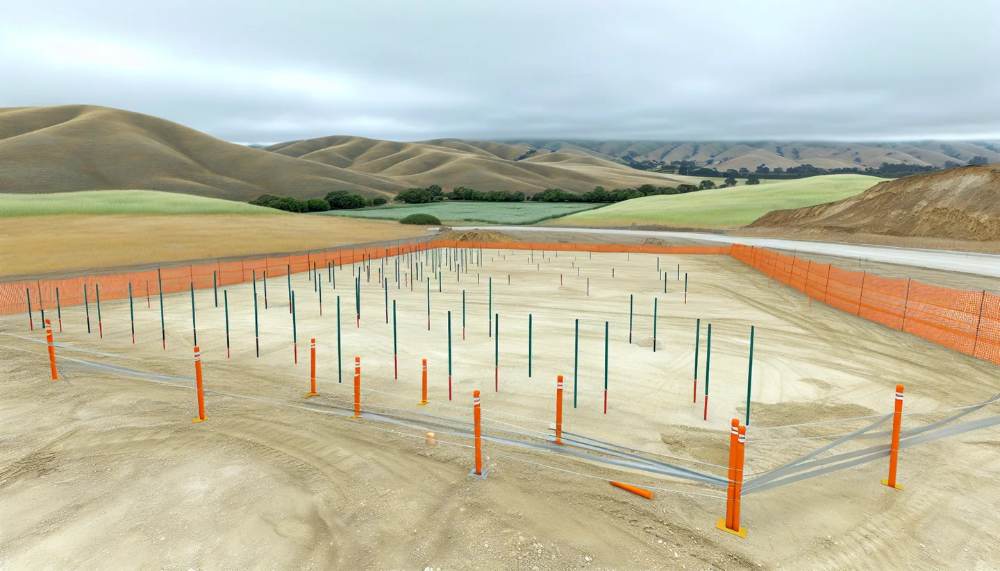 Graded construction lot with utility stakes